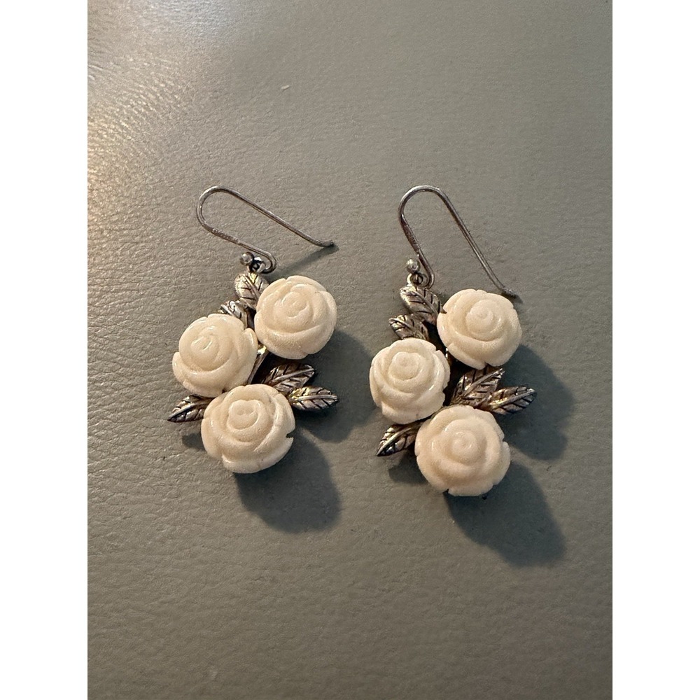 Signed, SX 925 Thailand White Coral Rose Carved Dangle Earrings #604